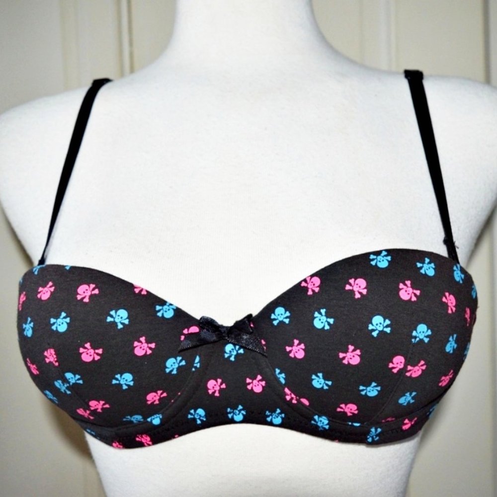 BRA SKULLS PATTERN BLACK BODY BLUE & PINK SKULLS REMOVABLE STRAPS 32A